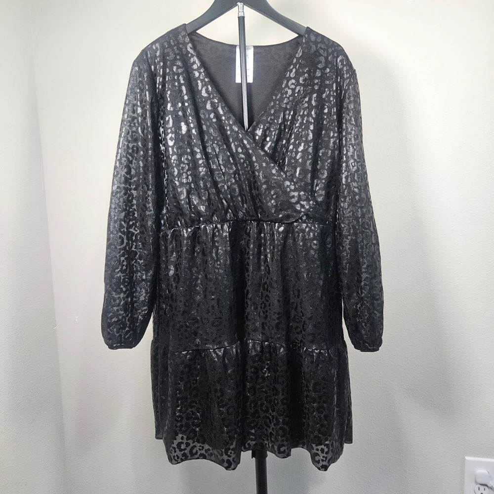 Serra Metallic Leopard Print Dress Womens L Black Silver Wrap Tiered Party Glam
